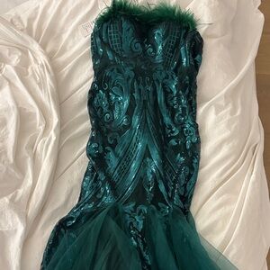 Emerald Sequin Formal Dress with Feather Trim